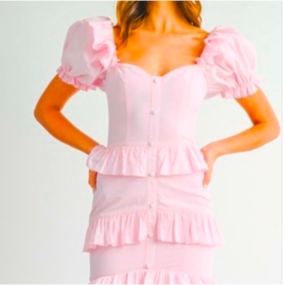 Cream Baby Pink Puff Sleeve Ruffle Women's New Maxi dress New S,M,L